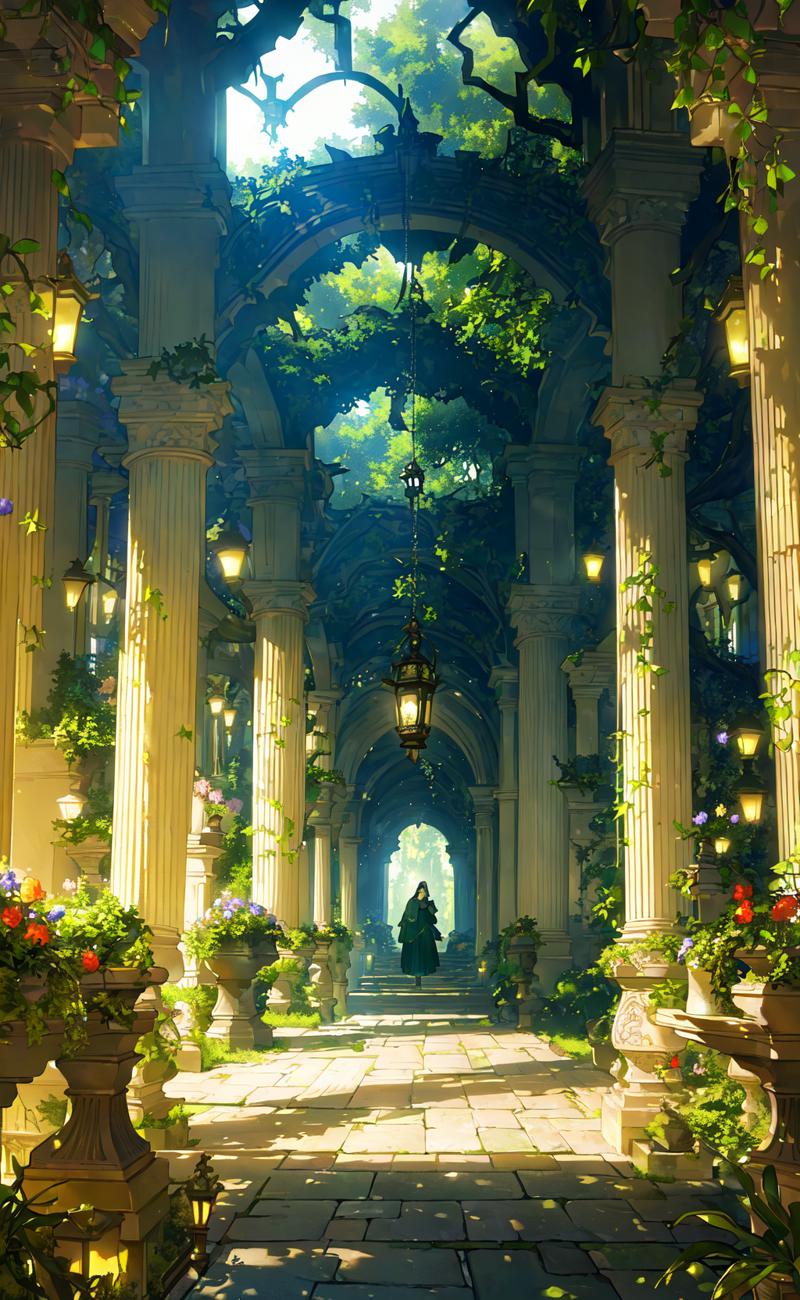 112315-62837622-(masterpiece, best quality, highly detailed, intricate), a walkway in a garden with lots of green plants and trees on either sid.png